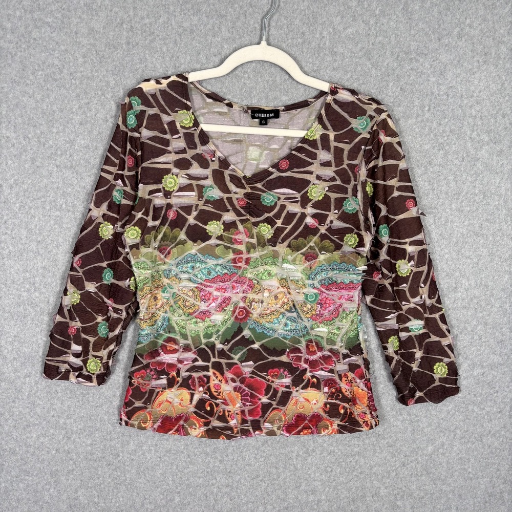 Vintage 90s Cubism Top Small Sheer Mesh Textured Abstract Artsy Mosaic Phoebe‎
